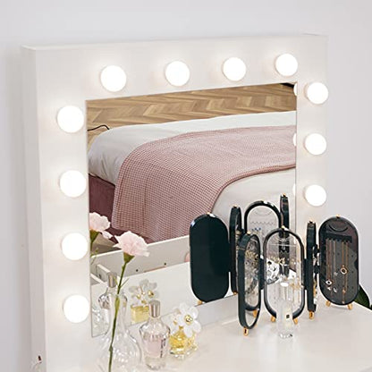 TUKAILAi Vanity Desk Set with Hollywood LED Lights, Mirror, 2 Large Drawers and Stool, Makeup Vanity Table with 3 Color Adjustable LED Lights for Bedroom (White)