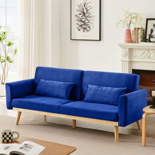 DKLGG Blue Futon Sofa Bed, Velvet Convertible Sofa Couch Sleeper with Wood Legs & 2 Pillows, Upholstered Loveseat for Small Spaces Living Room Bedroom Furniture, 3 Adjustable Positions, Easy Assembly