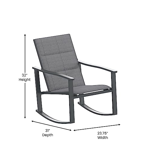 Flash Furniture Brazos 3 Piece Outdoor Rocking Chair Bistro Set with Flex Comfort Material and Metal Framed Glass Top Table, Black/Black