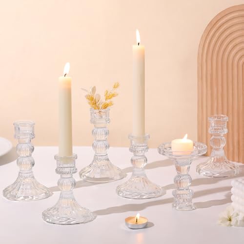 6 Pack Glass Taper Candle Holders Set