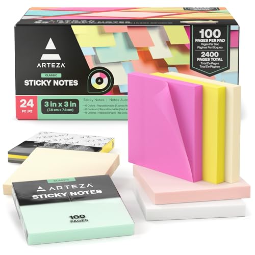 ARTEZA 24 Pack Sticky Notes 3x3 Inches for Office & School