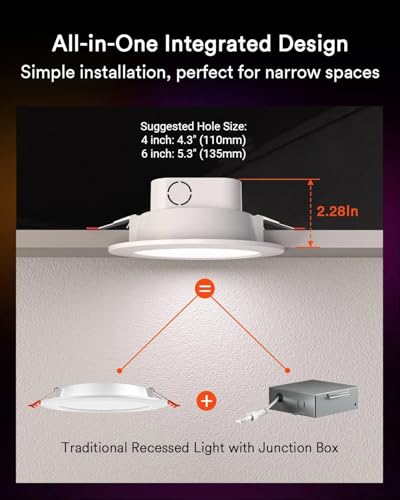 Lumary Integrated Smart Recessed Lighting 4 Inch with Junction Box 9W 780LM Canless WiFi Downlight RGBCW Color Changing Wafer Lights Work with Alexa/Google Assistant, 1PCS
