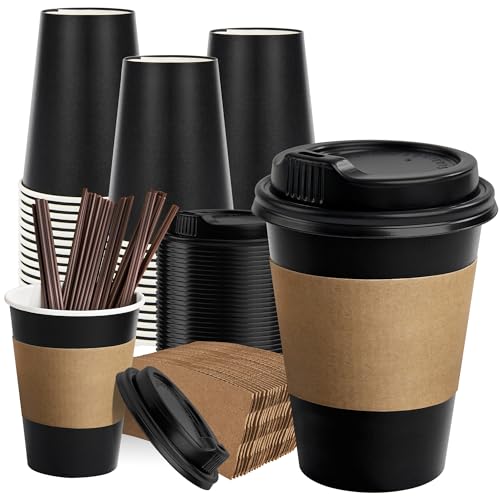 100 Pack 12 oz Disposable Coffee Cups with Lids