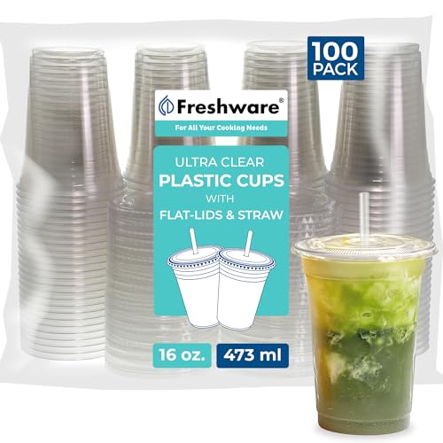 100 Pack Disposable 16 oz Plastic Cups with Lids