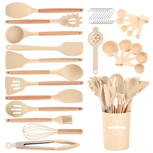 34 Piece Silicone Kitchen Utensil Set with Wooden Handles