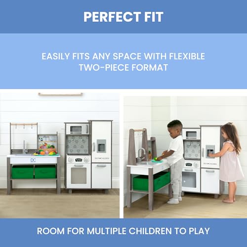 Delta Children Gourmet All-in-One Corner Play Kitchen - Toy Kitchen Playset with Safe & Heatless Stove with Lights, Oven, Sink, Fridge/Freezer with Ice Maker and 20 Accessories, Natural/White