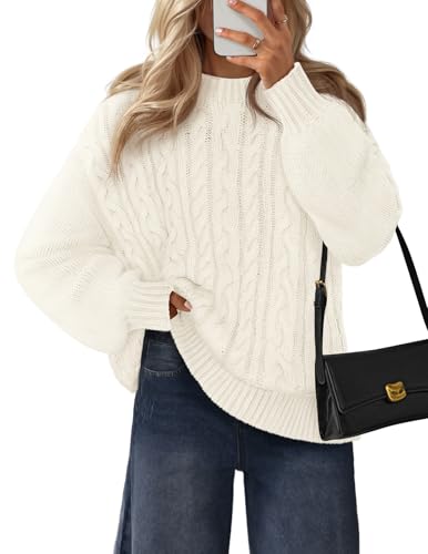 Cable Knit Chunky Lantern Sleeve Crewneck Sweater Pullover