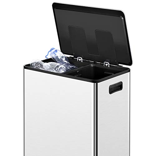 ToiletTree Products Stainless Steel 16 Gallon Trash Can - Durable Dual Trash Can for Garbage and Recycling - Stainless Steel Trash Bin for Household Cleaning - White
