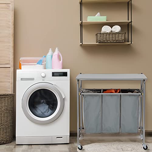 ALIMORDEN Laundry Sorter with Sturdy Ironing Board and Folding Table Top Lid, Laundry Hamper Organizer with 4 Wheels for Laundry Room Grey