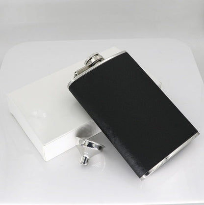 CNFLASK Black PU Leather Wrapped 8 Ounce Hip Flask 304 Stainless Steel Whiskey Flask (Black PU Leather, 8oz)
