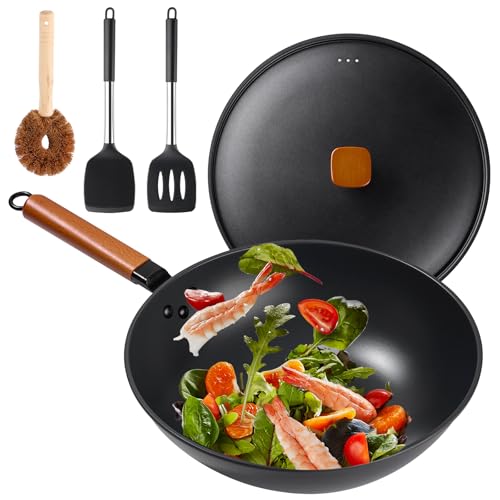 13" Nonstick Carbon Steel Wok Pan with Lid