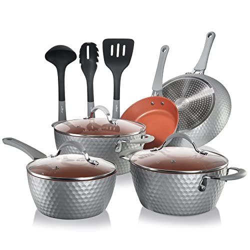 NutriChef Nonstick Cookware Excilon |Home Kitchen Ware Pots & Pan Set with Saucepan Frying Pans, Cooking Pots, Lids, Utensil PTFE/PFOA/PFOS Free, 11 Pcs, Gray