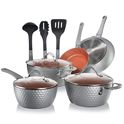 NutriChef Nonstick Cookware Excilon |Home Kitchen Ware Pots & Pan Set with Saucepan Frying Pans, Cooking Pots, Lids, Utensil PTFE/PFOA/PFOS Free, 11 Pcs, Gray