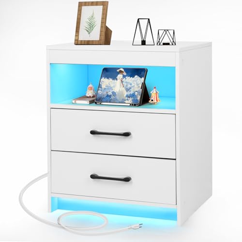 ansefe Nightstand with Charging Station and LED Drawers