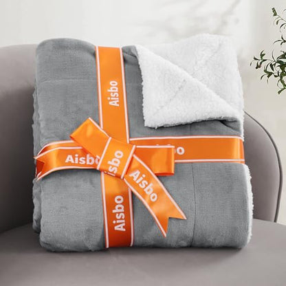 Aisbo Warm Throw Blanket Single - Extra Thick Sherpa Flannel Reversible Blanket Grey for Single Size Bed, Super Soft Plush Winter Blanket for Sofa and Couch, Fluffy Blanket 50x60 Inches