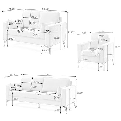 FANYE 3 Pieces Living Room Sofa Sets Include Armchair,Loveseat and 3Seaters Couch,Corduroy Upholstered Tufted Sofa&Couch with 4 Pillows and Metal Legs for Home Office Apartment