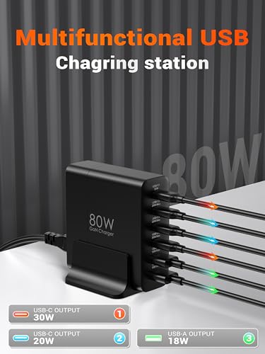 TOPADRE USB C Charger Block 80W, 6 Port Fast Charging Station Powered USB C Hub PD Charger for iPhone 15/14/13 Pro Max, iPad Pro/Air/Mini, Galaxy S24/S23, MacBook Pro/Air, Google Pixel, Black