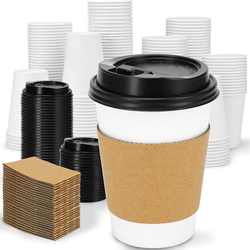 100 Pack Disposable Coffee Cups with Lids and Sleeves