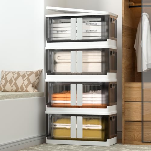 Closet Organizers and Storage 43 QT, Storage Bins with Lids 4 Pack, Stackable Collapsible Storage Bins, Storage Cabinet with Wheels, Plastic Foldabl