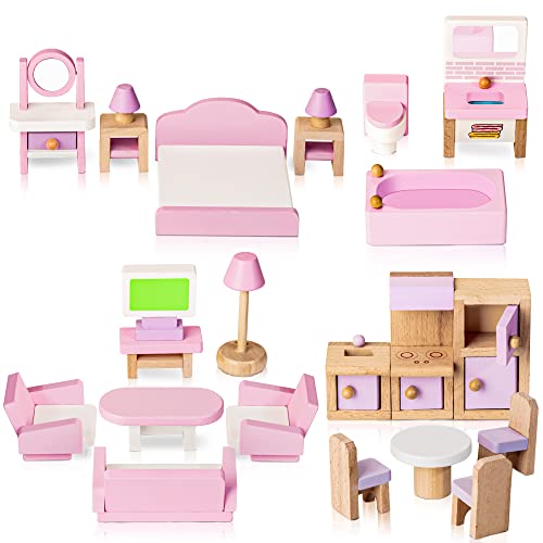 22 Piece Wooden Dollhouse Furniture Set for Kids