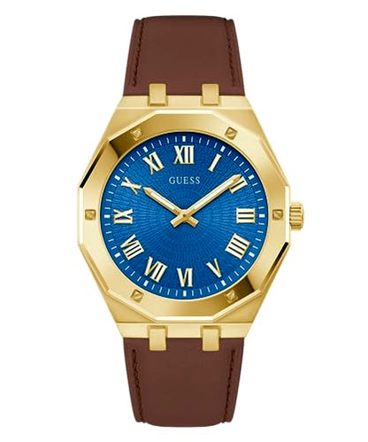 GUESS Men's 42mm Watch - Brown Strap Blue Dial Gold Tone Case