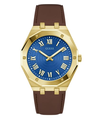 GUESS Men's 42mm Watch - Brown Strap Blue Dial Gold Tone Case