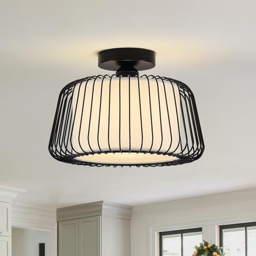 Semi Flush Drum Ceiling Light with Fabric Shade