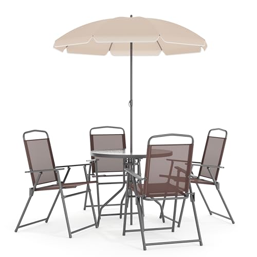 6 Piece Patio Dining Set with Table, Chairs, Umbrella