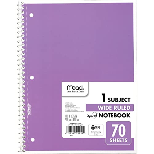 Mead Spiral Notebook, 1 Subject, Wide Ruled Paper, 70 Sheets, 10-1/2" x 7-1/2", Assorted Color (05510)