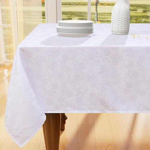 Moosfor Rectangle Tablecloth 60x102 Inch, Waterproof Damask Jacquard Table Cloth, Washable Fabric Table Covers for Dining, Parties, Indoor and Outdoor, White