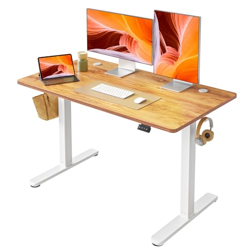 FAMISKY Height Adjustable Standing Desk, 48x 24 Inch Electric Stand up Home Office Table, Sit Stand Desk Computer Workstation with Splice Board, White Frame & Light Rustic Brown Desktop