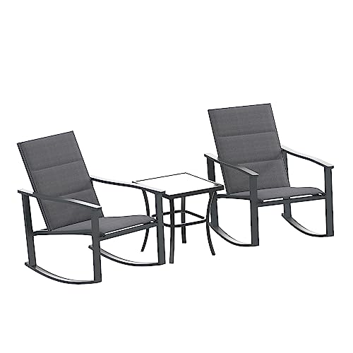 Flash Furniture Brazos 3 Piece Outdoor Rocking Chair Bistro Set with Flex Comfort Material and Metal Framed Glass Top Table, Black/Black