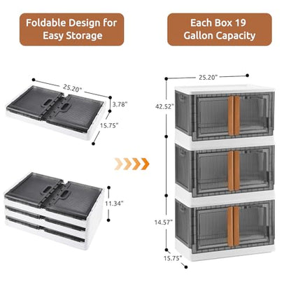 Z ZONAMA Storage Bins with Lids, Collapsible Closet Organizers and Storage 19 Gal, Clear Wardrobe Organizer,Stackable Plastic Container with Door for Book Clothes Home Organizing(3 Pack)