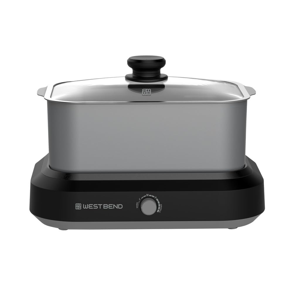West Bend 87905 Slow Cooker Large Capacity Non-stick Vessel with Variable Temperature Control Includes Travel Lid and Thermal Carrying Case, 5-Quart, Silver