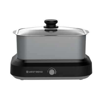 West Bend 87905 Slow Cooker Large Capacity Non-stick Vessel with Variable Temperature Control Includes Travel Lid and Thermal Carrying Case, 5-Quart, Silver