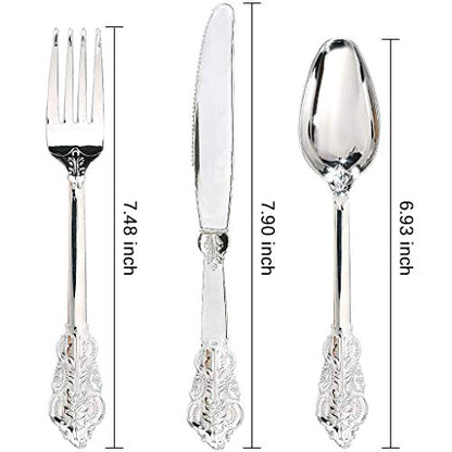 WDF 360 Pieces Silver Plastic Silverware- Disposable Flatware - Heavyweight Plastic Cutlery- Includes 120 Forks, 120 Spoons, 120 Knives