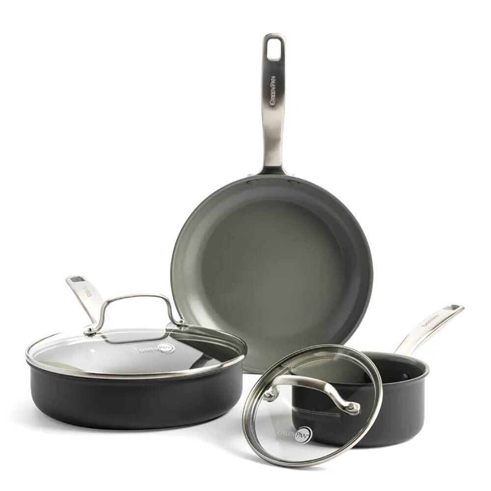 GreenPan Chatham Hard Anodized Healthy Ceramic Nonstick 5 Piece Cookware Pots and Pans Set, Saute, Saucepan, Lids, Stainless Steel Handles, PFAS-Free, Dishwasher Safe, Oven Safe, Gray