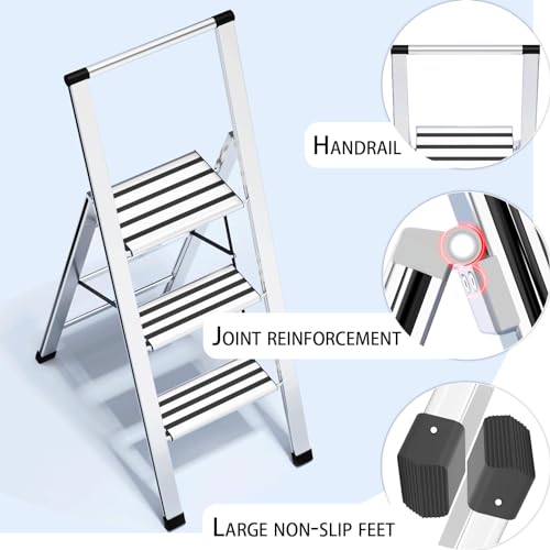 Step Ladder 3 Step Folding Aluminum Small Step Stool with Handle for Kitchen Closet, 4Ft Foldable Steping Stool for Adults Seniors, Wide Anti Slip Pedal, 300lbs Lightweight Portable Ladders for Home