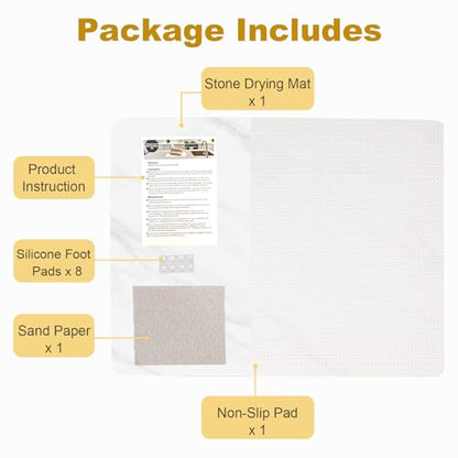 Stone Dish Drying Mat for Kitchen Counter, 16x12 inch Food Grade Diatomaceous Earth Ultra Absorbent Dish Mats, Quick Dry Pad for Bottles, Dishes,Cups and More (White Marble)