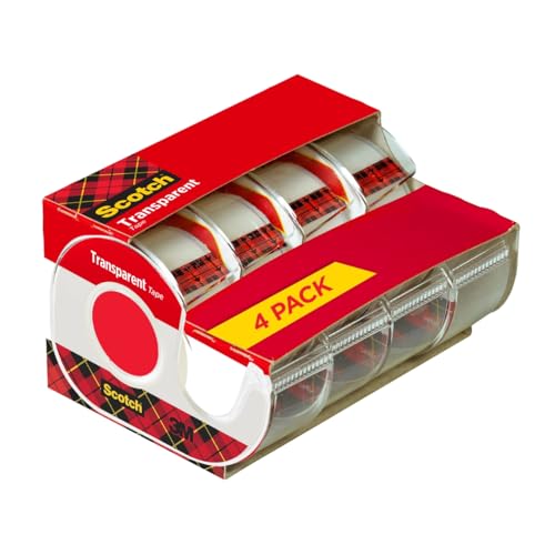 4 Pack Scotch Transparent Tape with Dispensers, 3/4" x 850"
