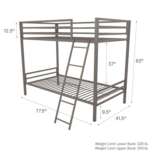 Novogratz Maxwell Twin-Over-Twin Metal Bunk Bed, Grey