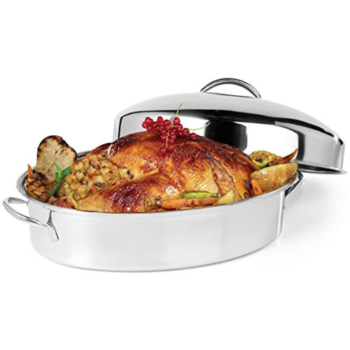 OVENTE Oval Stainless Steel Roasting Pan, 16” Oven Roaster and Baking Tray with Lid & Flat Rack, Nonstick Bakeware Dish Ideal for Cooking Turkey, Roasted Chicken, Beef or Veggies, Silver CWR32161S