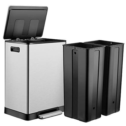 ToiletTree Products Stainless Steel 16 Gallon Trash Can - Durable Dual Trash Can for Garbage and Recycling - Stainless Steel Trash Bin for Household Cleaning - White