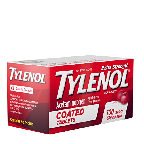 Tylenol Extra Strength Pain Relief Coated Tablets for Adults, 500mg Acetaminophen Pain Reliever and Fever Reducer per Tablet for Minor Aches, Pains, and Headaches, 100 ct