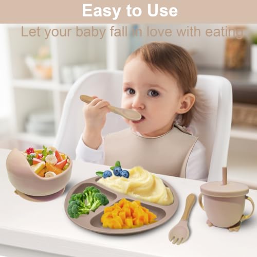 Silicone Baby Feeding Set, Fzyoayzm 8pcs Baby Led Weaning Supplies With Suction Bowl Divided Plate, Toddler Led Weaning Self Feeding Utensils Dish Set with Spoons Forks Sippy Cup Bib BPA-Free