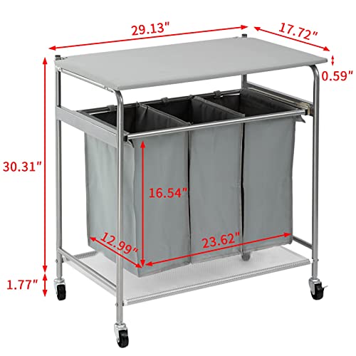 ALIMORDEN Laundry Sorter with Sturdy Ironing Board and Folding Table Top Lid, Laundry Hamper Organizer with 4 Wheels for Laundry Room Grey