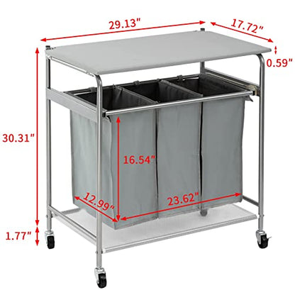 ALIMORDEN Laundry Sorter with Sturdy Ironing Board and Folding Table Top Lid, Laundry Hamper Organizer with 4 Wheels for Laundry Room Grey