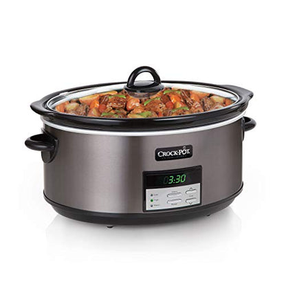 Crock-Pot Large 8 Quart Programmable Slow Cooker with Auto Warm Setting and Cookbook, Black Stainless Steel (Pack of 1)