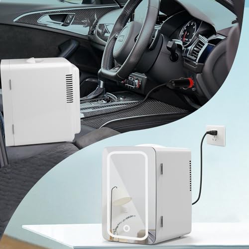 Living Enrichment Mini Fridge 6L Capacity, Skincare Fridge with Mirror, Portable Small Refrigerator Cooler or Warmer, AC DC Powered, for Drink Cosmetics, Skin Care, Bedroom Office Car, White