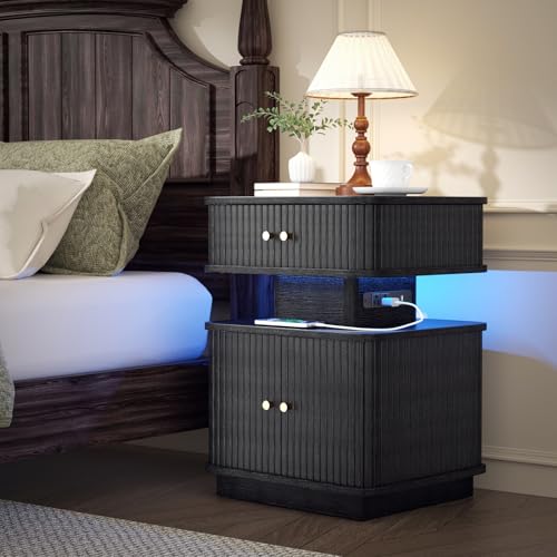 LED Nightstand with Charging Station, 2 Drawer Modern